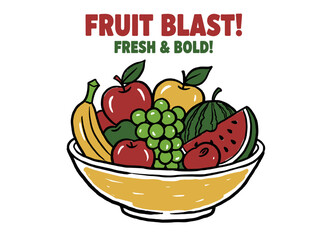 Fresh Fruit Bowl Illustration.Hand Drawn Fruit Basket.Healthy Food Vector Art.Bold Summer Fruit Graphic.Farm Fresh Produce Design