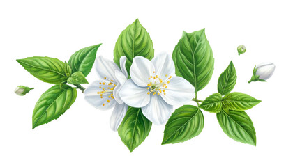 Render of white jasmine flowers with green leaves and buds on a black background
