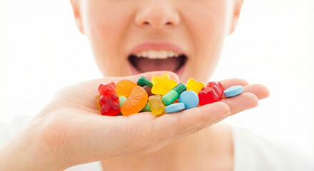 Hand holding colorful vitamin pills ready to take, dietary supplement concept