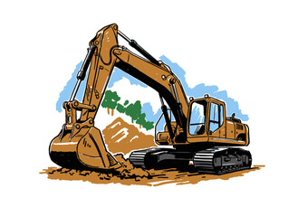 Heavy Duty Excavator Art.Digging Machine Illustration.Construction Vehicle Sketch.Hand Drawn Earth Mover.Retro Style Digger Graphic