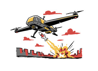 Combat Drone Attack.UAV Missile Strike.War Technology Illustration.Remote Military Operation.Exploding City Target