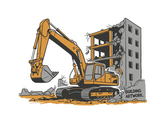 Demolition site excavator.Heavy machinery destroying building.Retro vector wrecking crew.Construction equipment graphic.Hand drawn demolition job