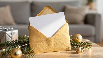 Golden envelope with letter and Christmas decorations