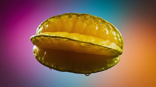 Rotating Star Fruit With Water Drops Against Gradient Background
