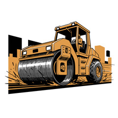 Construction Road Roller Art.Retro Compactor Vector.Steamroller Heavy Vehicle.Pavement Work T-shirt Print.Industrial Equipment Graphic