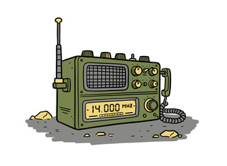 Vintage Military Radio Illustration.Retro Transceiver Vector Art.Hand Drawn Ham Radio Icon.Old School Communication Device.Doodle Style Walkie Talkie