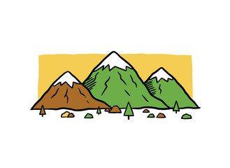 Simple Mountain Doodle Art.Hand Drawn Peaks Illustration.Nature Adventure Vector Graphic.Rustic Hiking Landscape Icon.Snow Capped Mountains Badge