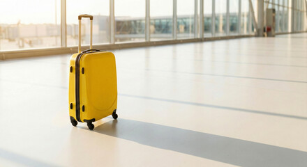 Yellow rolling suitcase standing on white floor with shadow, travel vacation concept