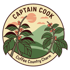 Captain Cook Coffee Country Sunset Circular Badge Vector