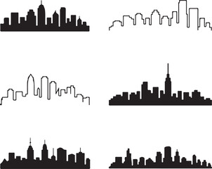 city skyline silhouettes in various styles and shapes