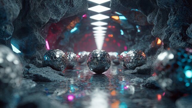 A futuristic scene with metallic spheres in a dark, rocky tunnel illuminated by vibrant lights