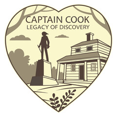 Captain Cook Statue and Historic House Heart Badge Vector