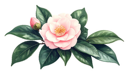 Digital illustration of a blooming light pink camellia flower and bud with glossy green leaves