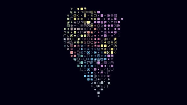 Nevada animated shape. Pulsating colored dots on the map of the state. Large size rounded square blocks. Digital style Nevada map on dark background. Vibrant animation video.