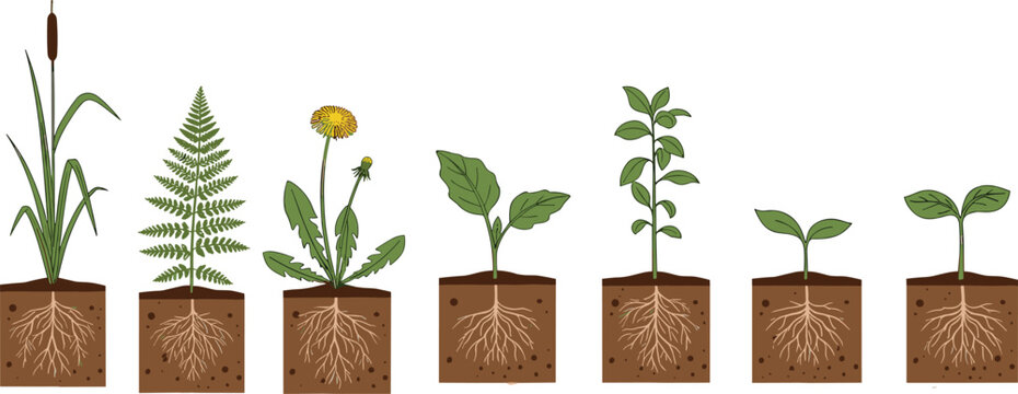 Collection of various plant species with detailed underground root systems including fern, dandelion, grass, and seedlings isolated on white background.