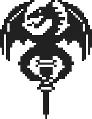 Fototapeta premium Pixel art dragon with wings and tail perched on a stylized sword hilt, monochrome fantasy emblem design
