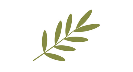 A simple and elegant flat illustration of a single green olive branch a symbol of peace and nature isolated on a white background.