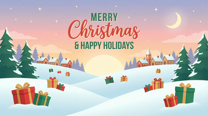 christmas greeting card with colorful gifts on snowy hills and houses on the background