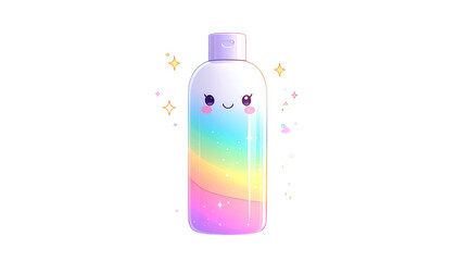 A cartoon bottle with a rainbow gradient and a smiling face, surrounded by sparkly stars