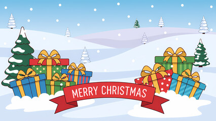 christmas greeting card with merry christmas written on the bottom with snow covered hills and gifts on sides and with space on top for text