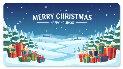 christmas greeting card simple view with snow covered hills and frozen lake on the background and with the gifts on the sides