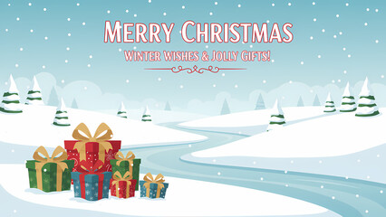 christmas card with snow covered hills, trees and frozen river on the background, on top with text merry christmas
