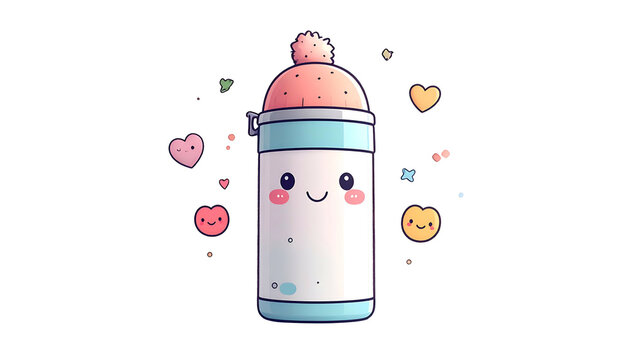 A cute, smiling, cartoon-like thermos bottle with pastel hearts and stars on black
