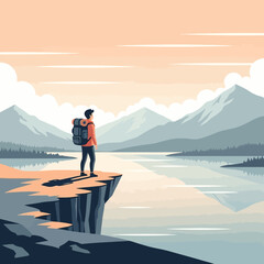 Obraz premium Man Standing on Cliff Edge with Backpack.