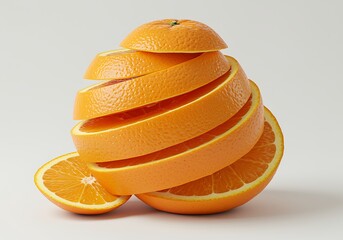 Sliced oranges stacked in a spiral on a white surface one sentence