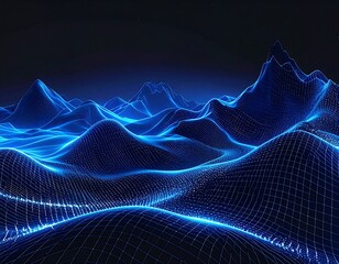 Glowing blue digital landscape with mountain ranges and stars