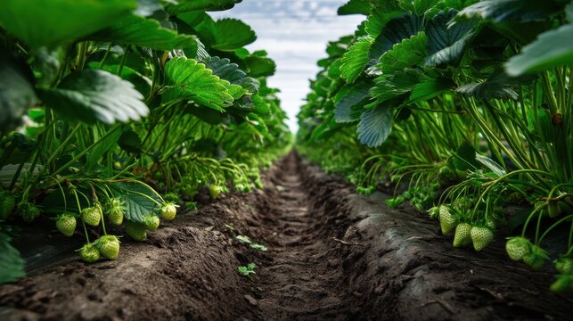 Lush green strawberry fields with unripe fruits under a blue sky.