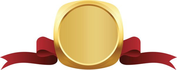 Gold Rounded Square Badge with Red Ribbon Illustration on Transparent Background.