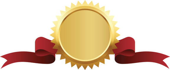 Golden Award Badge with Red Ribbon on Transparent Background.
