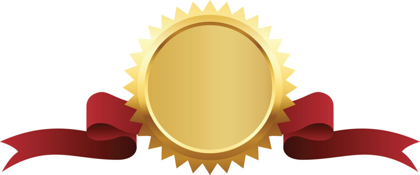Golden Award Badge with Red Ribbon on Transparent Background.