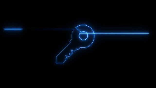 Neon line Key icon animation on A black background. Perfect concept for data protection, cyber security, password access, encryption.neon key icon .key icons 4K video.