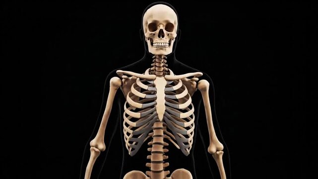 Detailed digital render of the human skeletal system, showcasing the intricate bone structure in a dynamic walking pose, perfect for anatomical study and medical visualization