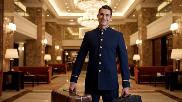 Smiling bellhop in a luxurious hotel lobby ready to assist guests with luggage