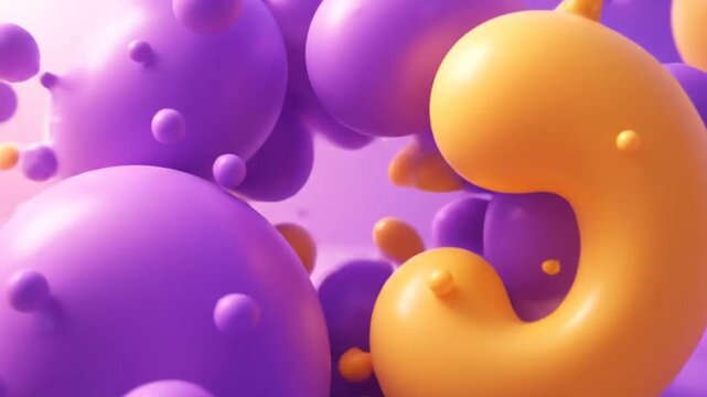 Abstract flowing shapes in vibrant colors swirling and floating in a dreamy pastel landscape with purple and yellow fluid shapes