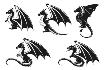 Six black dragons in various poses isolated on white background, Vector