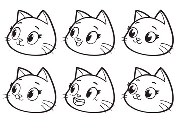 Six cartoon cat faces expressing different emotions isolated on white background, Vector