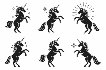 Six magical unicorns in various poses isolated on white background, Vector