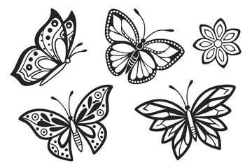 Intricate butterfly and flower illustrations isolated on white background, Vector