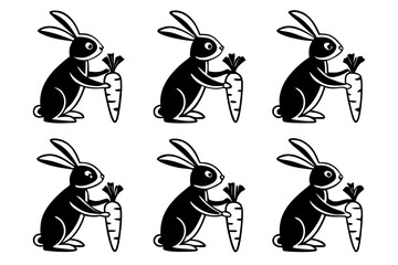 Six rabbits holding carrots isolated on white background, Vector