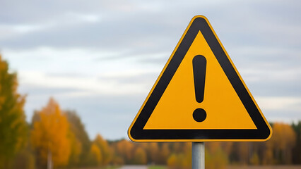 Warning sign on a blurry autumn road background