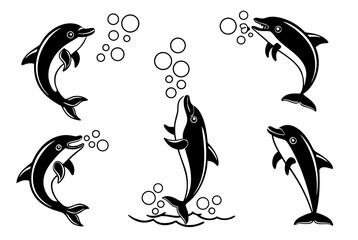Five dolphins jumping with bubbles isolated on white background, Vector