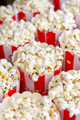Popcorn Buckets in Striped Red and White Containers