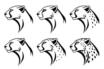 Collection of stylized cheetah heads isolated on white background, Vector