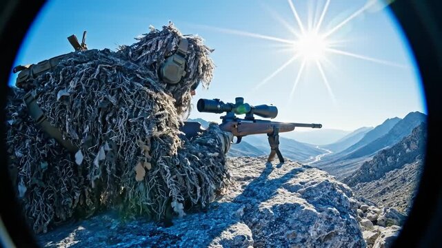 Sniper in Ghillie Suit on Rocky Mountain Peak Targeting Valley Below