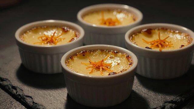 Four ramekins of cr&egrave;me br&ucirc;l&eacute;e with orange zest