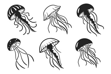 Collection of black and white jellyfish illustrations isolated on white background, Vector